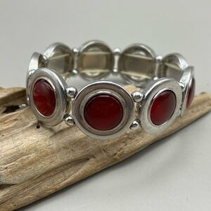Vintage Style Silver Tone & Red Oval Cabochon Stretch Bracelet